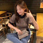 Short Sleeve Houndstooth Pattern Knitted Slim Shirt